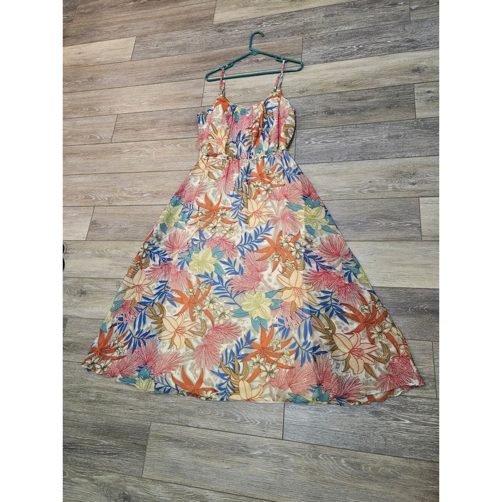 Signature by Robbie Bee Tropical Floral Maxi Dress Blue Orange Tan Size 12